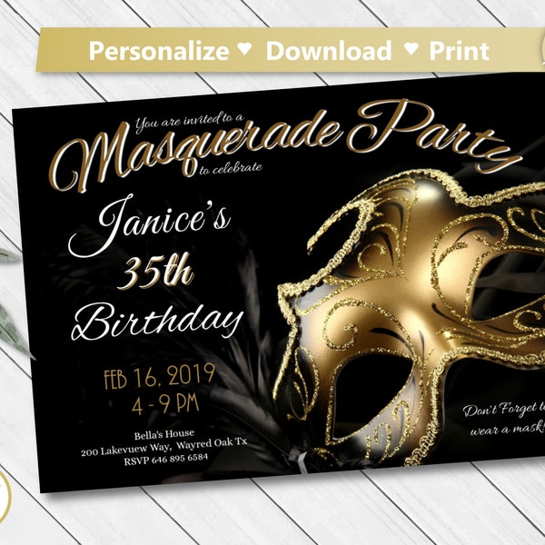 Masquerade Invitation Mask Invite Birthday Graduation Halloween Murder Party Bachelorette Social Gala Corjl Printable Editable Template