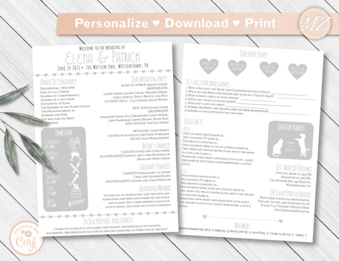 Infographic Wedding Program Template, Editable Timeline Schedule, 5x7 ...