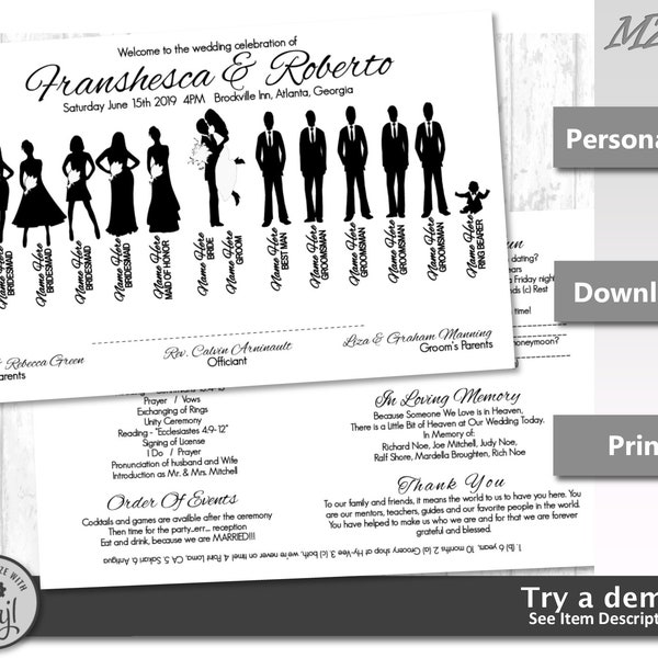 Wedding Program Template EDITABLE Silhouette Bridal Party Double Sided DIY Programs, Instant Download, Printable Corjl Templates