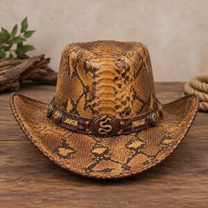 Snakeskin Pattern Leather Cowboy Hat, Handmade Python Skin Leather, Concho Band, Rodeo Country Style