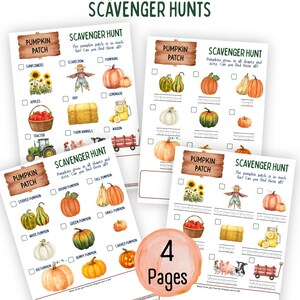 Könnte beinhalten: Vier druckbare Suchspiel-Arbeitsblätter für das Kürbisfeld mit Aquarellillustrationen von Sonnenblumen, Vogelscheuchen, Kürbissen, Äpfeln, Heuballen, Limonade, Traktoren, Nutztieren und Wagen, inklusive Kästchen zum Abhaken der Funde.
