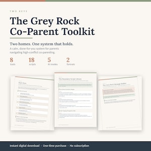 May include: The Grey Rock Co-Parent Toolkit is a digital document set featuring 8 tools, 18 scripts, 5 AI modes, and 2 formats. It includes pages titled Start Here, The Boundary Script Library, and The Grey Rock Message Builder with text instructions.