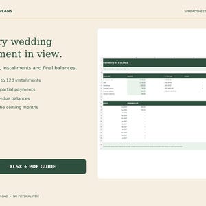 May include: A digital wedding payment spreadsheet template featuring a dark green header with the text Every wedding payment in view. The layout includes columns for deposits, installments, and balances, with a button labeled XLSX + PDF GUIDE.