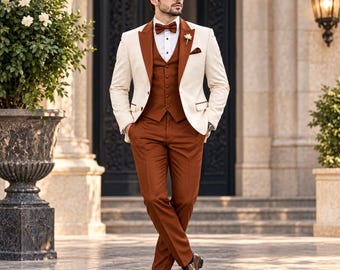 Men's Cream Tuxedo Suit, Rust Satin Shawl Lapel, 3 Piece Wedding Groom Outfit, Formal Jacket Vest and Pants, Custom Fit luxury Suit