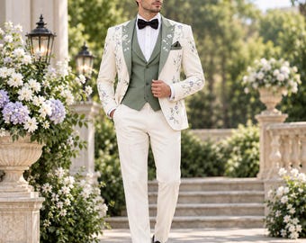 Traje de esmoquin para hombre color marfil con bordado floral, chaleco verde salvia, conjunto de novio de boda de 3 piezas de corte ajustado, ropa formal de lujo.