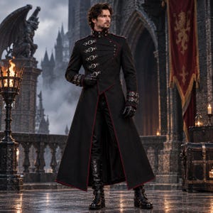 Men's Black Wool Military Coat, Gothic Steampunk Long Overcoat, High Collar Buckle Jacket, Victorian Cosplay & Alternative Fashion.