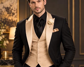 Men's Black Tuxedo 3 Piece Suit, Gold Shawl Lapel, Luxury Wedding Groom Outfit, Formal Jacket Vest Pants, Custom Fit
