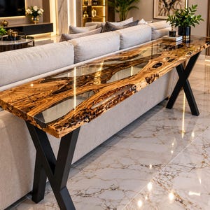 Handmade Live Edge Sofa Table, Clear Epoxy Wood Console, X Base Furniture
