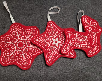 Set of 3 Red and White Cookie Felt Christmas / Holiday Ornament