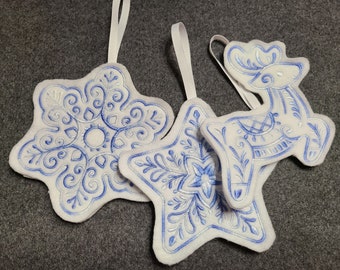 Set of 3 Blue and White Cookie Felt Christmas / Holiday Ornament