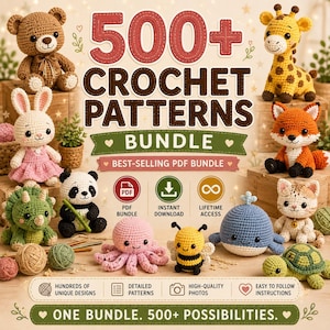 Puede incluir: Un gráfico digital con el texto 500+ CROCHET PATTERNS BUNDLE, rodeado de varios animales de peluche tejidos a ganchillo, incluyendo un oso marrón, una jirafa amarilla, un conejo blanco, un zorro naranja, un dinosaurio verde, un panda, un pulpo rosa, una abeja, una ballena, un gato y una tortuga.