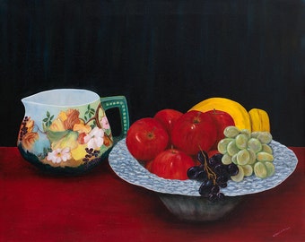 Still Life Limited Edition Giclee "Grandmother's Vase" Fruit Bowl and Hand Painted Antique Vase Oil Painting