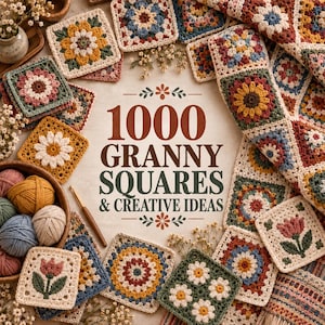 Puede incluir: Una colección de coloridos cuadrados de ganchillo con patrones florales y geométricos dispuestos alrededor del texto 1000 GRANNY SQUARES & CREATIVE IDEAS. Se aprecian un ganchillo de madera y varios ovillos de lana de distintos colores.