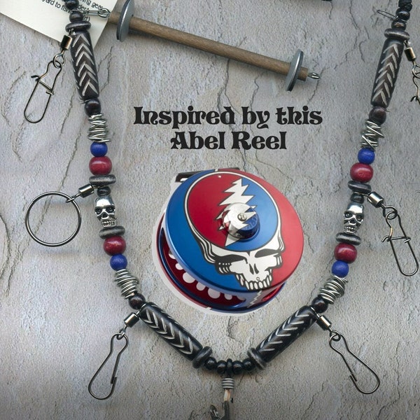 Abel Reel Inspired Fly Fishing Lanyard + Tippet Holder with Skull, Horn, Bone and Wood Beads