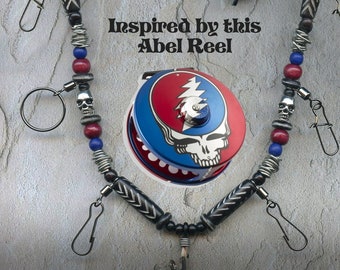 Abel Reel Inspired Fly Fishing Lanyard + Tippet Holder with Skull, Horn, Bone and Wood Beads