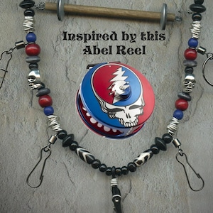 Abel Reel Inspired Fly Fishing Lanyard + Tippet Holder with Skull, Horn, Bone and Wood Beads