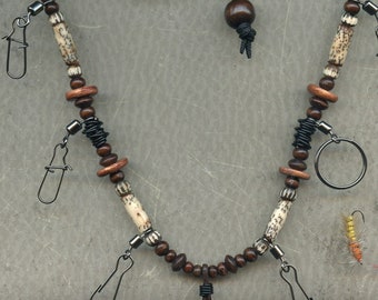 Fly Fishing Lanyard + Tippet Holder with Bone, Horn, Shell and Wood Beads on 2mm Paracord USA Handcrafted