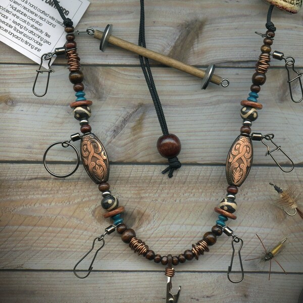 Fly Fishing Lanyard + Tippet Holder with Bone, Horn and Wood Beads on 2mm Paracord USA Handcrafted