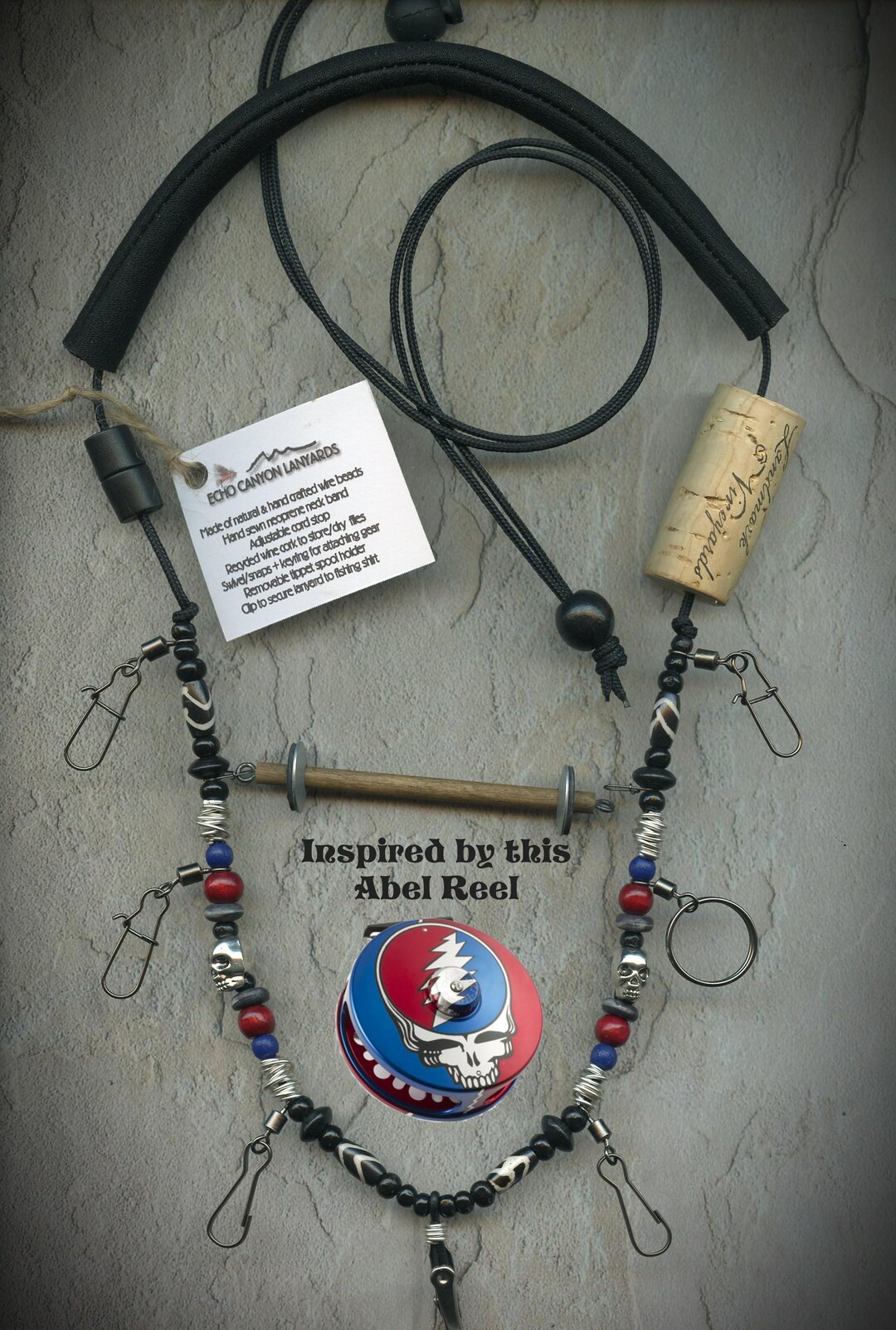 Abel Reel Inspired Fly Fishing Lanyard Tippet Holder With Skull
