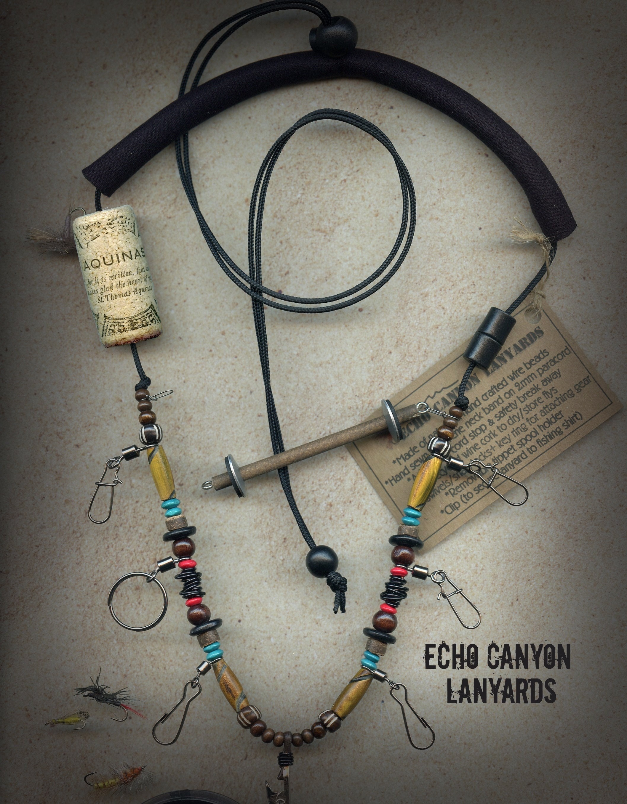 USA Handcrafted Fly Fishing Lanyard + Tippet Holder with Carved Bone and  Wood Beads on 2mm Paracord