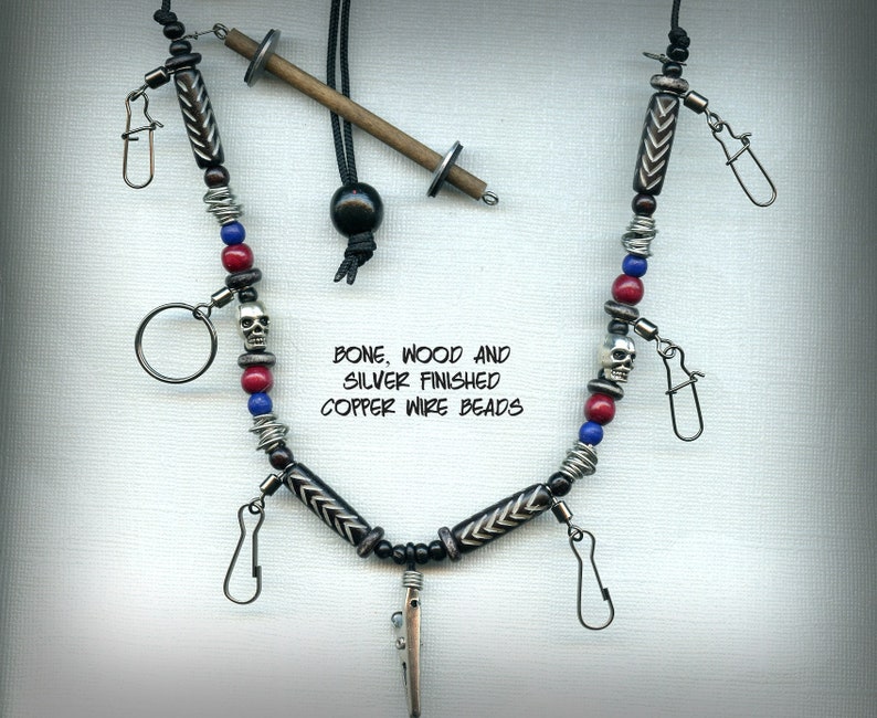 Abel Reel Inspired Fly Fishing Lanyard Tippet Holder with Skull, Horn, Bone and Wood Beads image 2