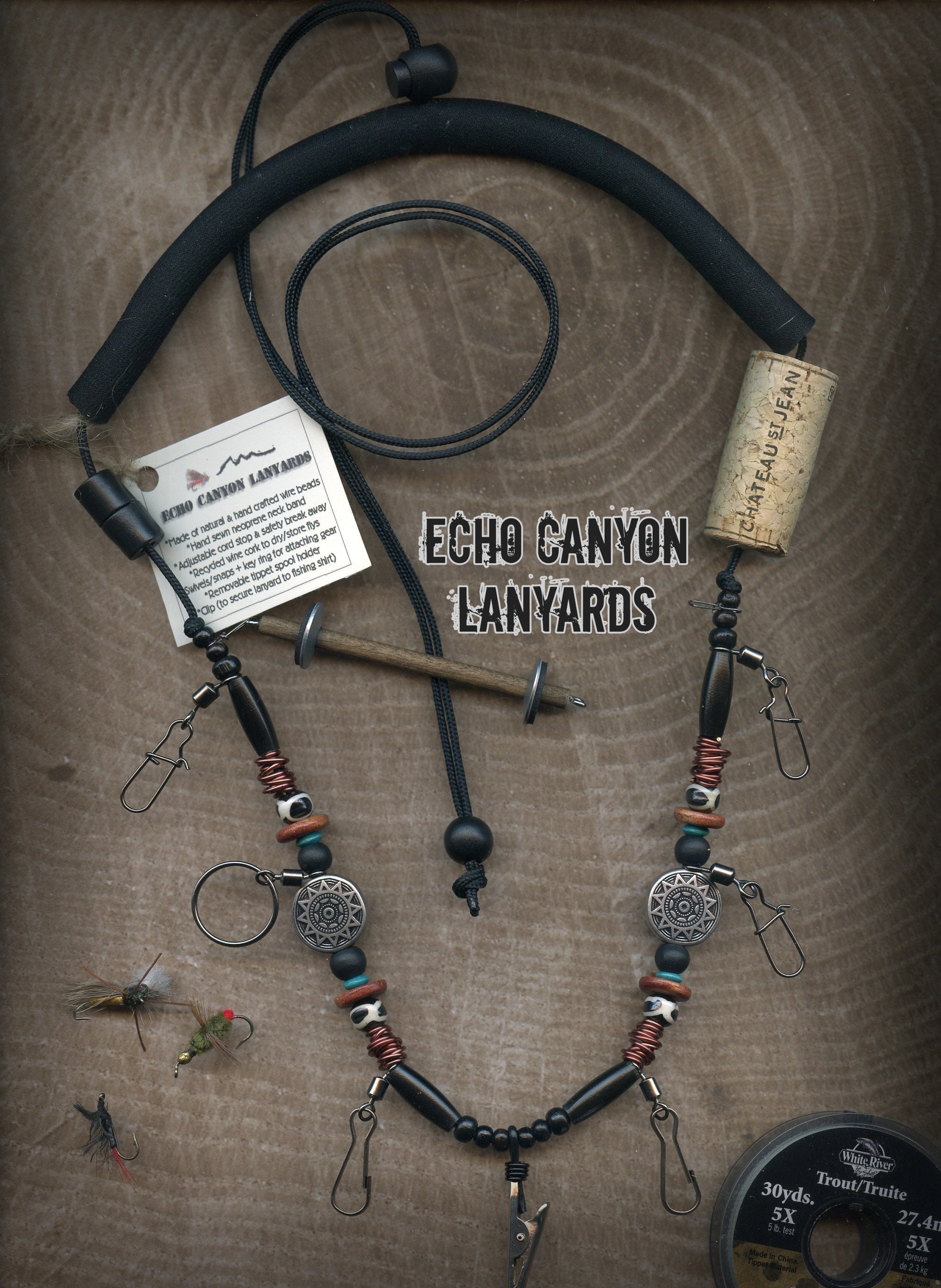 Fly Fishing Lanyard Tippet Holder With Horn, Bone and Wood Beads on 2mm  Paracord USA Handcrafted 