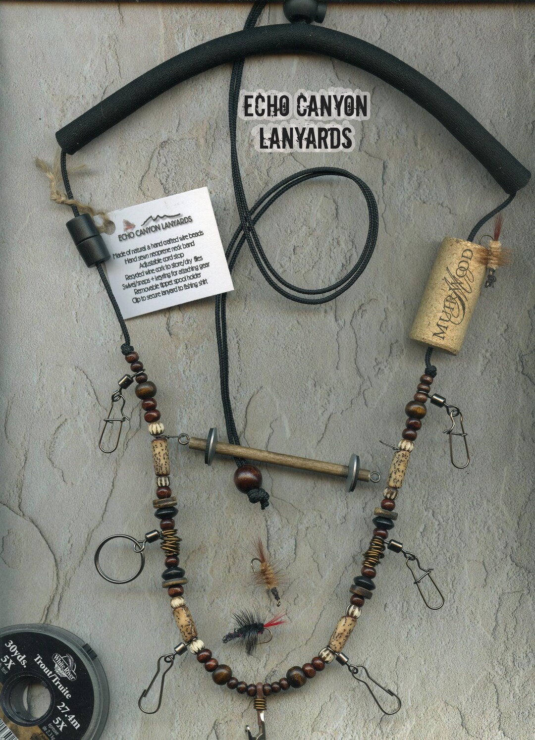 Handcrafted Fly Fishing Lanyard: Bone, Horn Wood Beads, USA Made