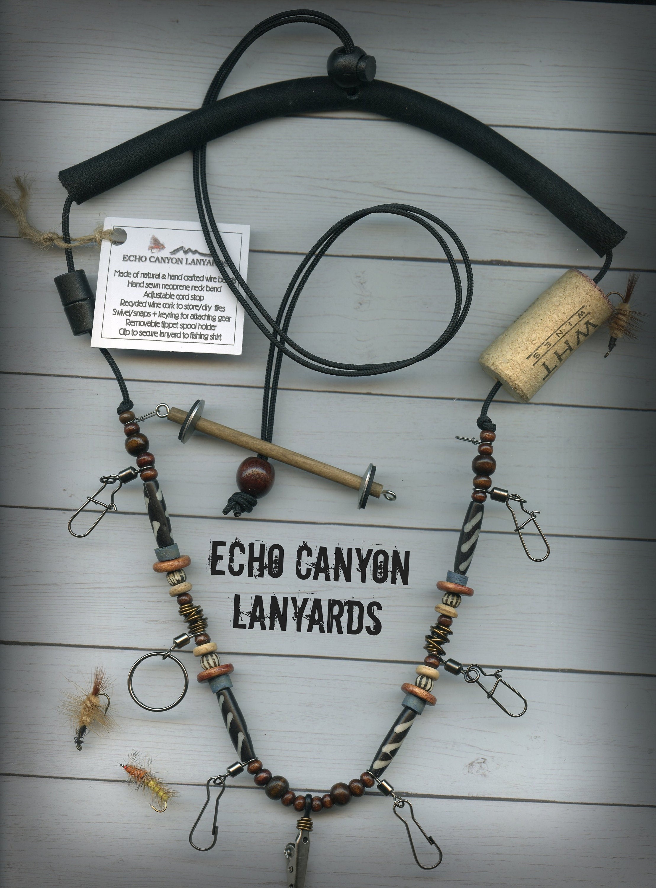 Fly Fishing Lanyard Tippet Holder, With Wood, Bone and Wire Beads