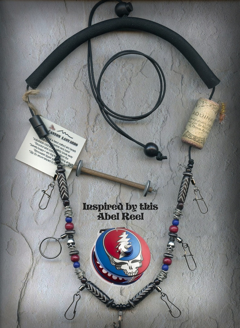 Abel Reel Inspired Fly Fishing Lanyard Tippet Holder with Skull, Horn, Bone and Wood Beads image 1