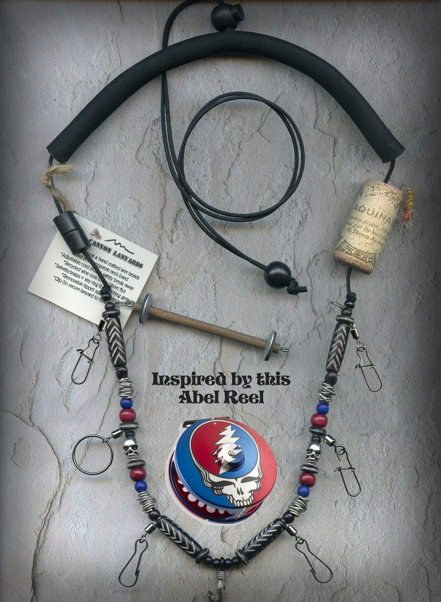 Abel Reel Inspired Fly Fishing Lanyard Tippet Holder With Skull, Horn, Bone  and Wood Beads 