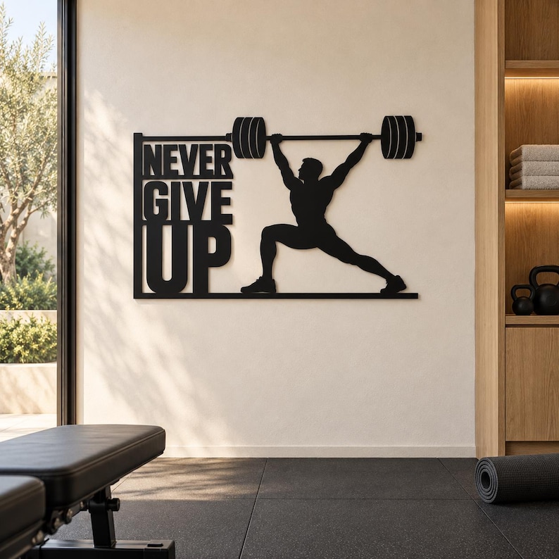 Never Give up Metal Wall Art, Weightlifting Gym Decor, Motivational ...