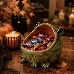 May include: A green ceramic frog-shaped bowl with a wide, open mouth serving as a container. The interior of the bowl is a smooth, reddish-brown colour, and it is filled with various small, individually wrapped sweets in metallic foil colours.