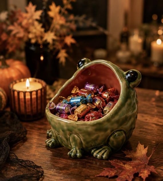 Ceramic Frog Candy Bowl, Green Glaze, Halloween Decor, Trinket Dish
