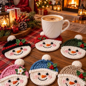 Könnte beinhalten: Ein Set aus sechs runden, gehäkelten Schneemann-Untersetzern, die jeweils eine andersfarbige Mütze mit weißem Bommel, grünen Stechpalmenblättern und roten Beeren tragen. Die Schneemänner haben weiße Gesichter, schwarze Augen und orange Nasen.