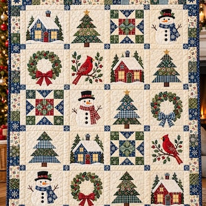 May include: A rectangular quilt featuring a grid of sixteen squares with holiday motifs including snowmen, Christmas trees, houses, wreaths, and cardinals. The quilt has a cream background with a dark blue border featuring snowflake patterns.