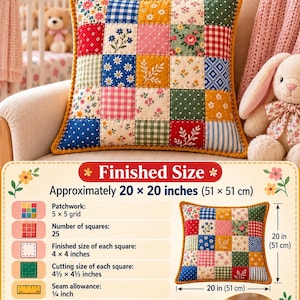 May include: A square patchwork quilted pillow with a 5x5 grid of 25 fabric squares in various floral, gingham, and polka dot patterns. The pillow features mustard-gold braided trim and measures 20 x 20 inches. Text includes Handmade 5x5 Patchwork Quilted Pillow Complete Step-by-Step Guide and Finished Size.
