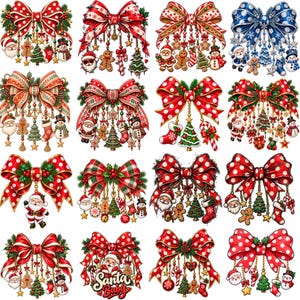 May include: A collection of sixteen decorative Christmas bows featuring various patterns and colors, each adorned with hanging ornaments including gingerbread figures, Santa Claus, snowmen, Christmas trees, stockings, and candy canes.