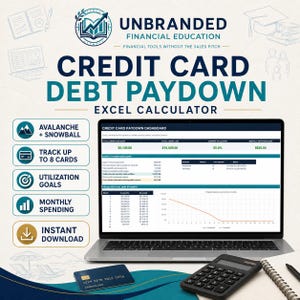 May include: A laptop displaying a Credit Card Debt Paydown Excel Calculator dashboard, featuring a credit card, a calculator, and a notebook. Text includes Unbranded Financial Education, Avalanche + Snowball, and Track Up To 8 Cards.