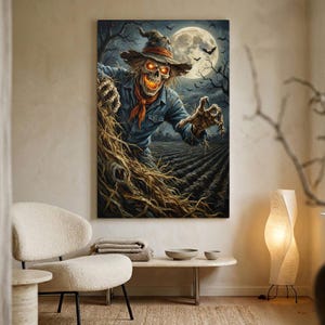 Tela com Espantalho Assustador, Arte de Parede Arrepiante para o Halloween, Decoração Sombria e Gótica de Milharal com Lua Cheia, Decoração de Parede Assustadora para Quarto de Terror