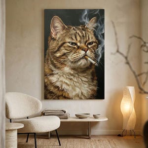 May include: A rectangular wall art print featuring a detailed oil painting of a brown tabby cat with a serious expression, holding a lit cigarette in its mouth with wisps of white smoke curling upward against a solid black background.