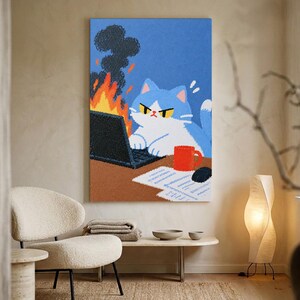 Funny Angry Cat Canvas Print, Stressed Cat Working Wall Art, Burning Laptop Office Humor Decor, Cute Blue Kitty Work From Home Gift