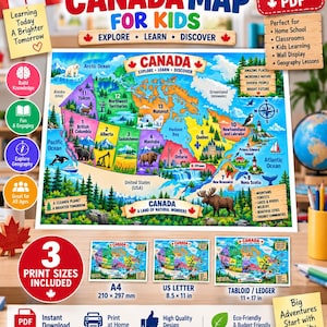 Puede incluir: Un mapa educativo colorido de Canadá para niños con provincias y territorios numerados, ilustraciones de vida silvestre, monumentos y paisajes naturales. El mapa incluye etiquetas para regiones, océanos y ciudades, con tres tamaños de impresión: A4, US Letter y Tabloid/Ledger.