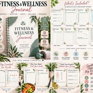 May include: A spiral-bound Fitness & Wellness Journal with a botanical cover design. The journal includes 30 printable pages in A4 and US Letter sizes, featuring trackers for workouts, nutrition, habits, sleep, and progress, along with meal planners.