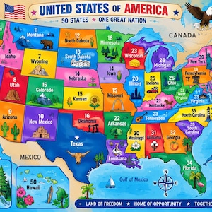 May include: A colourful educational map of the United States of America featuring numbered states, regional illustrations, and the text United States of America, 50 States, One Great Nation, Explore, Learn, Discover, and Different Places, Amazing People, One Nation.
