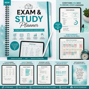 May include: A spiral-bound Exam & Study Planner with teal watercolor accents. The cover features the text "EXAM & STUDY Planner" and "STUDY SMART. PLAN BETTER. ACHIEVE MORE." Includes digital tablet displays showing study schedules, exam overviews, and trackers.