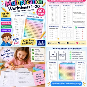 May include: A digital multiplication worksheet set for 1st-4th grade featuring 60+ pages of times tables, math drills, and word problems. Includes a colorful 1-20 multiplication table, progress trackers, and answer keys in A4 and 8.5 x 11 inch sizes.