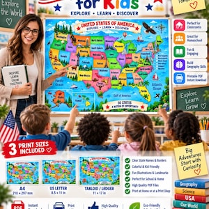 May include: A colorful educational USA map for kids featuring 50 states with illustrations of landmarks and animals. The map includes the text USA MAP for Kids, Explore, Learn, Discover, and 50 States A Nation of Opportunity, with three print sizes.