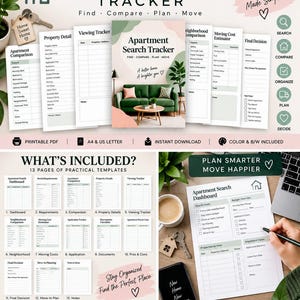 May include: An Apartment Search Tracker digital planner set featuring 13 printable templates for organizing property details, viewing schedules, and moving costs. The design includes a green sofa graphic, checklists, and text labels for planning.
