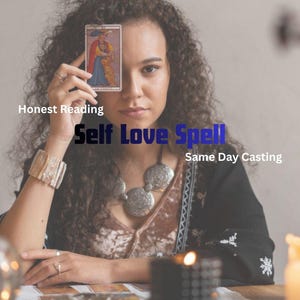 May include: A person with curly hair wearing a brown velvet top and a black patterned cardigan, holding a tarot card. Text reads Honest Reading, Self Love Spell, and Same Day Casting. The person wears a large silver necklace and a wide wooden bracelet.