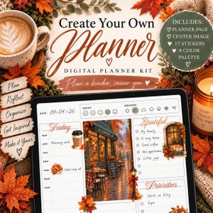 Puede incluir: Un kit de planificador digital en la pantalla de una tableta con un horario diario, una lista de gratitud y una imagen central de una cafetería. La interfaz incluye texto como Create Your Own Planner, Plan a kinder, cozier you, e incluye una página de planificador, imagen central, 15 pegatinas y una paleta de 8 colores.